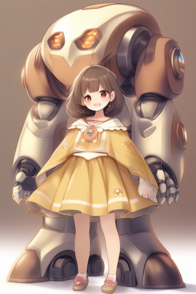  (pair of and Giant humanoid robot:1.5),(a giant humanoide robot than a is escorting 's behind:1.3),,cute face,kawaii,cheerful,smug,teeth,(mini summer dress,cloak),((large s,crossed arms)),(standing,open stance),(brown hair,short hair,blunt bangs,hair up),beautiful detailed eyes,(Giant humanoid robot,oversized robot),((symmetrical posing at distance)),(top quality,masterpiece:1.3),(highres:1.3),(beautiful sky,beach),(Glitter:1.4),(madeon),(wide view),((from below)),((group focus)),