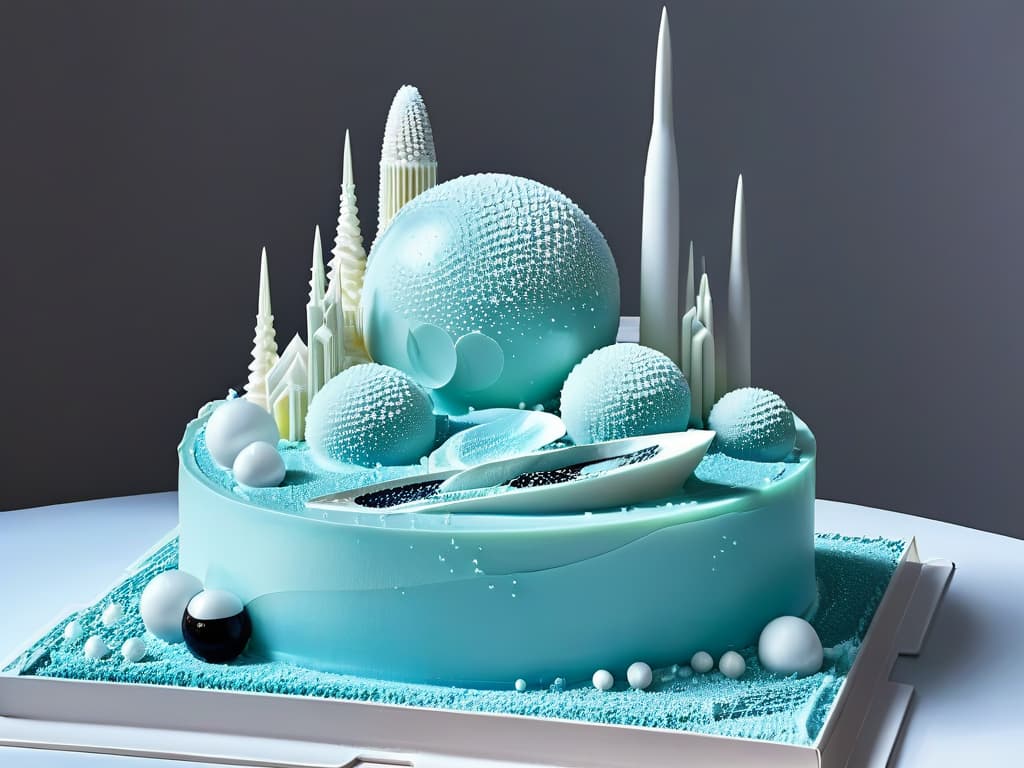  A photorealistic image of a mesmerizing, intricate molecular dessert creation, showcasing a delicate sugar sculpture resembling a futuristic cityscape, with miniature edible spheres representing different elements, set against a sleek, modern backdrop illuminated by soft, ambient lighting. hyperrealistic, full body, detailed clothing, highly detailed, cinematic lighting, stunningly beautiful, intricate, sharp focus, f/1. 8, 85mm, (centered image composition), (professionally color graded), ((bright soft diffused light)), volumetric fog, trending on instagram, trending on tumblr, HDR 4K, 8K