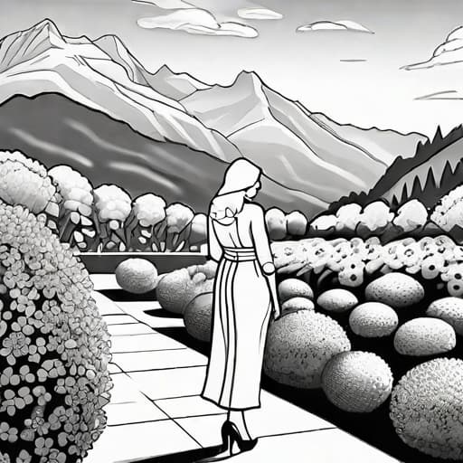  Flower, garden, mountain,coloring book, line art, high resolution, black and white, colorless,(( no color)) ((only sketch)) hyperrealistic, full body, detailed clothing, highly detailed, cinematic lighting, stunningly beautiful, intricate, sharp focus, f/1. 8, 85mm, (centered image composition), (professionally color graded), ((bright soft diffused light)), volumetric fog, trending on instagram, trending on tumblr, HDR 4K, 8K