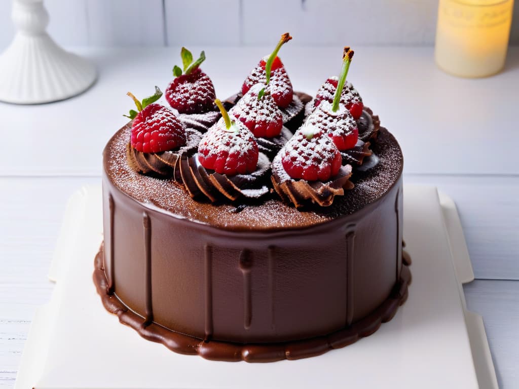  A closeup, ultradetailed image of a decadent vegan chocolate cake with rich, glossy ganache icing, topped with fresh raspberries and mint leaves. The cake sits on a sleek, white ceramic plate against a soft, blurred background, emphasizing the contrast between the dark chocolate cake and vibrant red berries. The texture of the cake is so detailed that each crumb and speck of cocoa powder is visible, showcasing the indulgent yet healthy nature of vegan desserts. hyperrealistic, full body, detailed clothing, highly detailed, cinematic lighting, stunningly beautiful, intricate, sharp focus, f/1. 8, 85mm, (centered image composition), (professionally color graded), ((bright soft diffused light)), volumetric fog, trending on instagram, trending on tumblr, HDR 4K, 8K