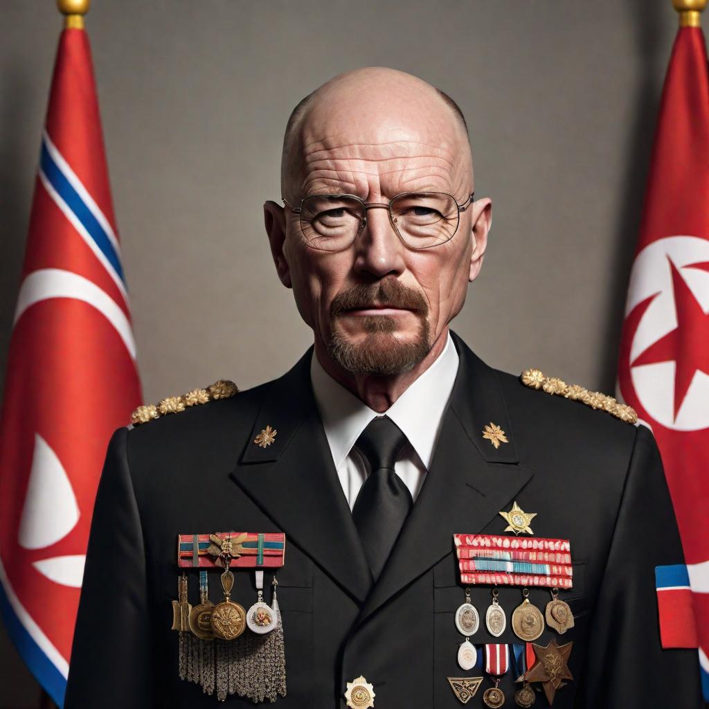  Walter White from Breaking Bad depicted as a North Korean general. He's wearing an elaborate black Korean Mao suit with four pockets, adorned with prominent military medals, and a North Korean general's hat. Walter White should be captured with a stern, authoritative expression as he stands at a high vantage point overseeing a military parade. The parade must be detailed, showcasing rows of soldiers in the background, to convey the scale and solemnity of the event. hyperrealistic, full body, detailed clothing, highly detailed, cinematic lighting, stunningly beautiful, intricate, sharp focus, f/1. 8, 85mm, (centered image composition), (professionally color graded), ((bright soft diffused light)), volumetric fog, trending on instagram, trending on tumblr, HDR 4K, 8K