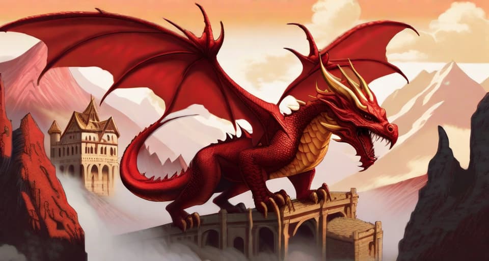  fantasy art, A red and gold dragon with a village background