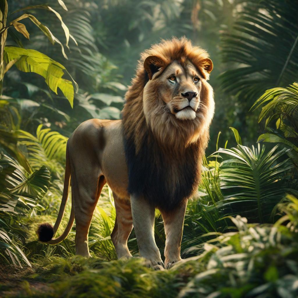  a lion in the jungle, ((Anime)) hyperrealistic, full body, detailed clothing, highly detailed, cinematic lighting, stunningly beautiful, intricate, sharp focus, f/1. 8, 85mm, (centered image composition), (professionally color graded), ((bright soft diffused light)), volumetric fog, trending on instagram, trending on tumblr, HDR 4K, 8K