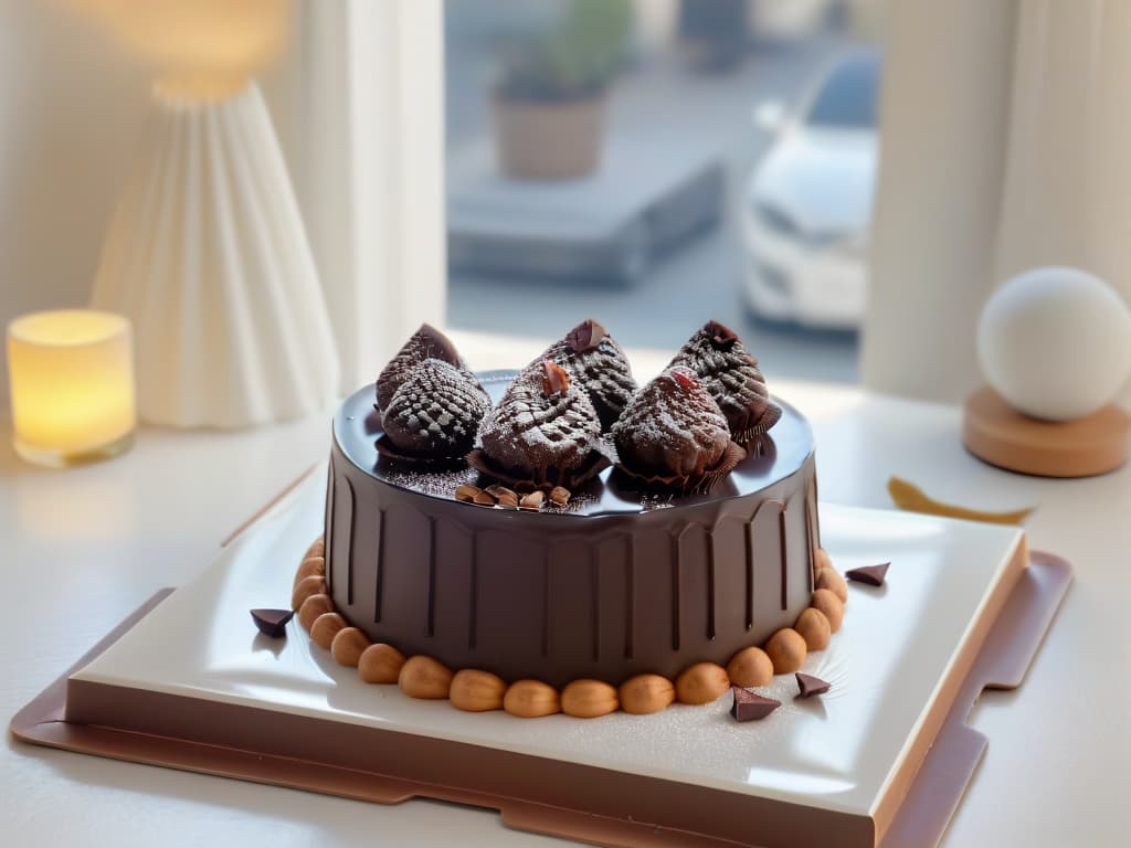  An ultradetailed 8k image of a sleek, modern kitchen with a pristine marble countertop. On the countertop, there is an assortment of artisanal chocolate desserts elegantly displayed on minimalist white plates. The focus is on a decadent chocolate cake with a glossy ganache glaze, surrounded by delicate chocolate truffles dusted with cocoa powder. Soft natural light filters through a nearby window, casting a gentle glow on the luxurious treats, highlighting their rich textures and intricate details. hyperrealistic, full body, detailed clothing, highly detailed, cinematic lighting, stunningly beautiful, intricate, sharp focus, f/1. 8, 85mm, (centered image composition), (professionally color graded), ((bright soft diffused light)), volumetric fog, trending on instagram, trending on tumblr, HDR 4K, 8K