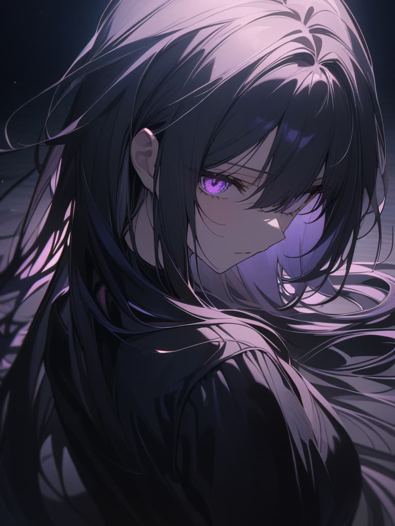  Fallen angel,black hair,long hair,purple eyes,falling darkness,eyes shining,devastated world,black dress,beautiful,beautiful girl,black gloves,darkness,purple light、(absurd detailed:1.4、best quality:1.4、masterpiece:1.4)、, masterpiece, best quality,8k,ultra detailed,high resolution,an extremely delicate and beautiful,hyper detail