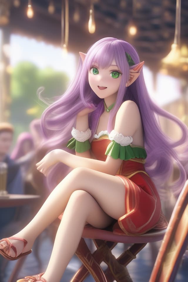  (Best masterpiece: 1.5),(Highest image quality),(Super detail),(Super precision),(Super beautiful CG),(8K),1girl,elf,solo,long hair,purple hair,green eyes,（close up）,headband,ONE PIECE,sandals,hair blowing in the wind,round table,sit on a chair,eat eclairs,