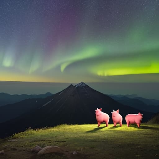  Two lovely pigs, standing on the lawn of the mountain top, in front of the continuous mountains, looking up is the bright Milky Way, under the vast starry sky there are dazzling aurora.