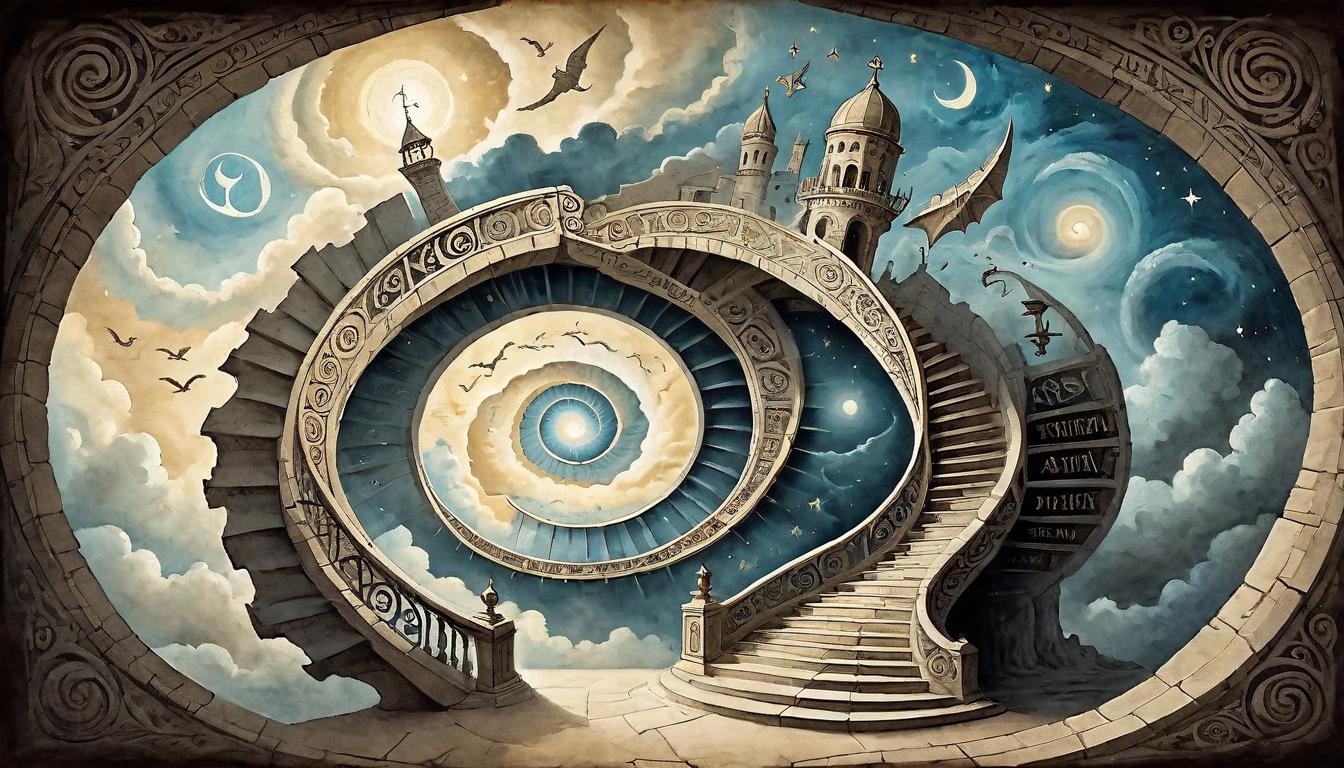  on parchment, surrealism+++, A spiral staircase winding into the sky, each step engraved with the symbols of choices made, leading to a doorway of light at the top, signifying spiritual evolution, sky morphing from night to dawn as one ascends, progress, ascent, enlightening, transcendence.(mysterious, provocative, symbolic,muted color)+++