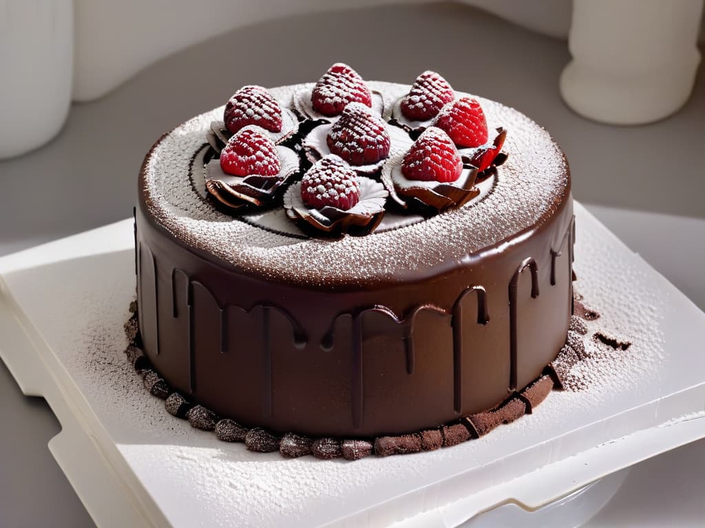  A highresolution, ultradetailed image of a decadent, glossy chocolate cake topped with delicate curls of dark chocolate, surrounded by fresh raspberries and dusted with a light sprinkling of powdered sugar. The cake sits on a sleek, modern white plate against a clean, minimalist background, showcasing the intricate layers and textures of the dessert, perfect for a contemporary pastry article on the evolution of chocolate in baking. hyperrealistic, full body, detailed clothing, highly detailed, cinematic lighting, stunningly beautiful, intricate, sharp focus, f/1. 8, 85mm, (centered image composition), (professionally color graded), ((bright soft diffused light)), volumetric fog, trending on instagram, trending on tumblr, HDR 4K, 8K