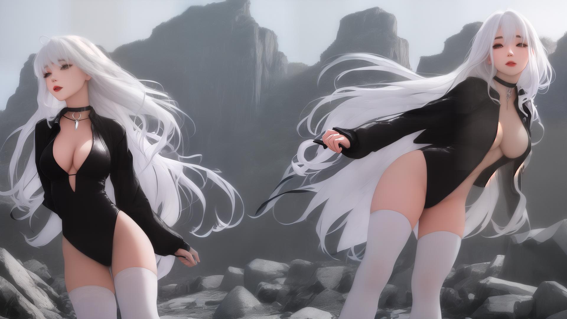  masterpiece, best quality, solo,female,boobs,thigh highs,landscape,white hair,long hair,black outfit,choker around neck,winter