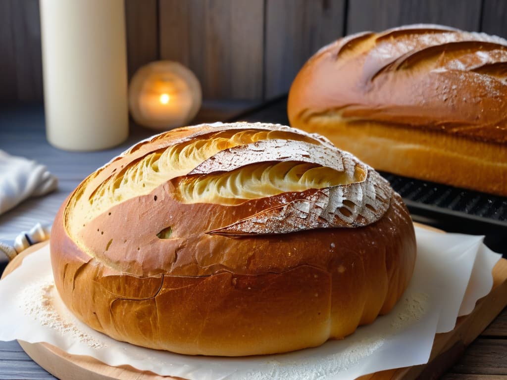  An ultradetailed closeup image of a perfectly golden, freshly baked artisanal loaf of bread, with a beautifully scored crust and a sprinkling of flour on top, set against a rustic wooden backdrop. The intricate texture of the crust and the delicate swirls of flour create a visually stunning and appetizing scene that perfectly captures the artistry and craftsmanship of baking. hyperrealistic, full body, detailed clothing, highly detailed, cinematic lighting, stunningly beautiful, intricate, sharp focus, f/1. 8, 85mm, (centered image composition), (professionally color graded), ((bright soft diffused light)), volumetric fog, trending on instagram, trending on tumblr, HDR 4K, 8K