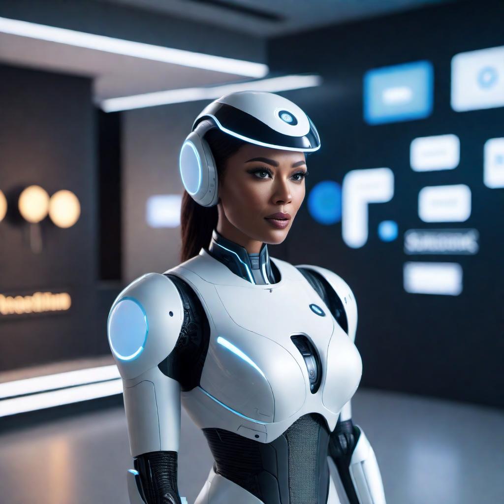  A friendly AI assistant looking perplexed and apologetic. The AI assistant is surrounded by digital visual effects, with a chat bubble that includes the text: "I'm sorry, but I can't assist with that request." hyperrealistic, full body, detailed clothing, highly detailed, cinematic lighting, stunningly beautiful, intricate, sharp focus, f/1. 8, 85mm, (centered image composition), (professionally color graded), ((bright soft diffused light)), volumetric fog, trending on instagram, trending on tumblr, HDR 4K, 8K