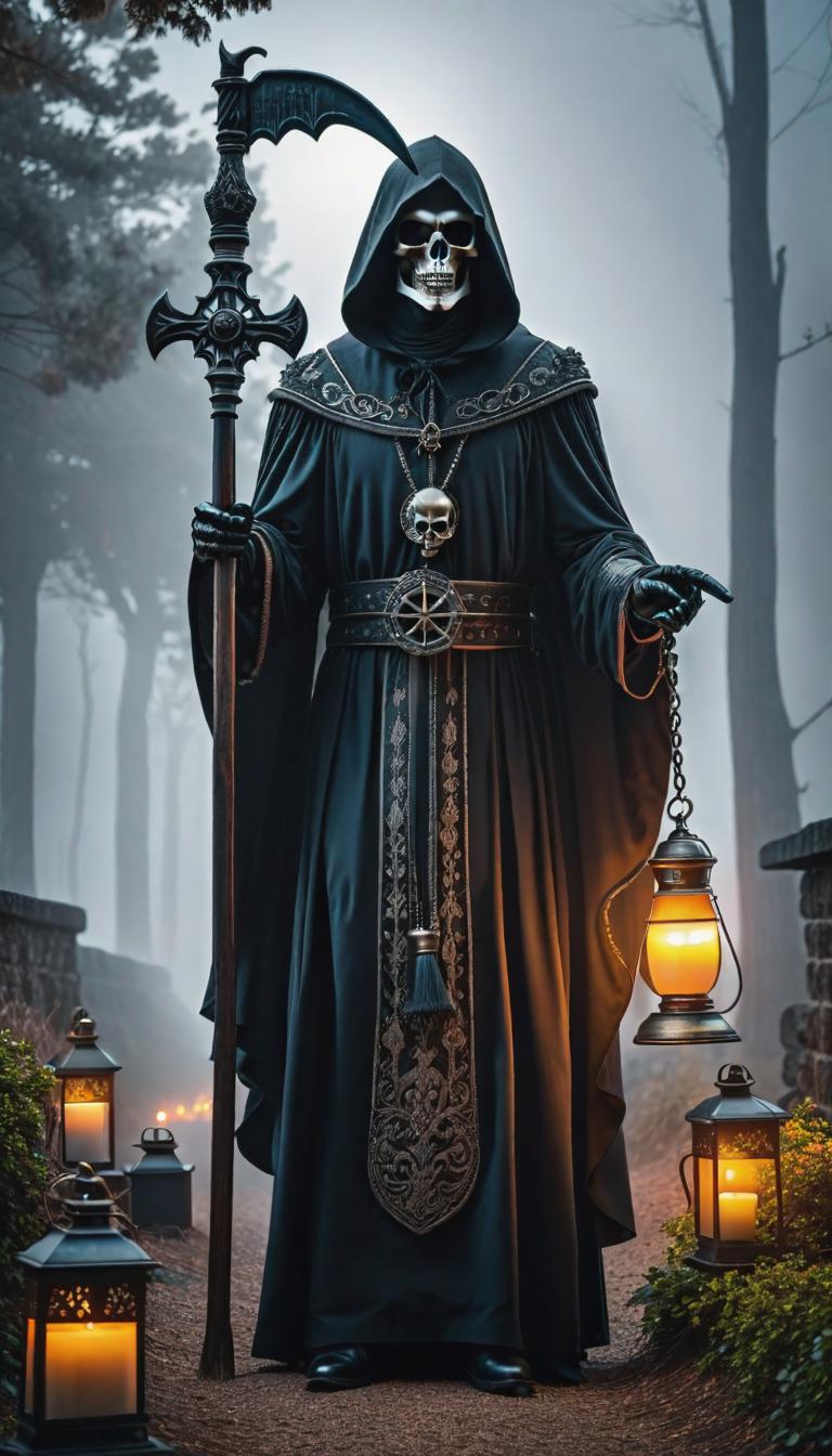  gothic style depiction of a grim reaper. Dark, mysterious, scary, haunting, dramatic, ornate, detailed. . dark, mysterious, haunting, dramatic, ornate, detailed, hyperrealistic, full body, detailed clothing, highly detailed, cinematic lighting, stunningly beautiful, intricate, sharp focus, f/1. 8, 85mm, (centered image composition), (professionally color graded), ((bright soft diffused light)), volumetric fog, trending on instagram, trending on tumblr, HDR 4K, 8K