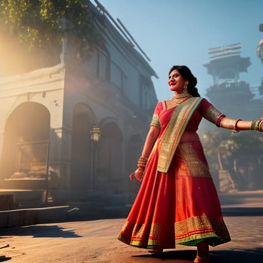 redshift style Indian dusky village aunty dancing in street hyperrealistic, full body, detailed clothing, highly detailed, cinematic lighting, stunningly beautiful, intricate, sharp focus, f/1. 8, 85mm, (centered image composition), (professionally color graded), ((bright soft diffused light)), volumetric fog, trending on instagram, trending on tumblr, HDR 4K, 8K