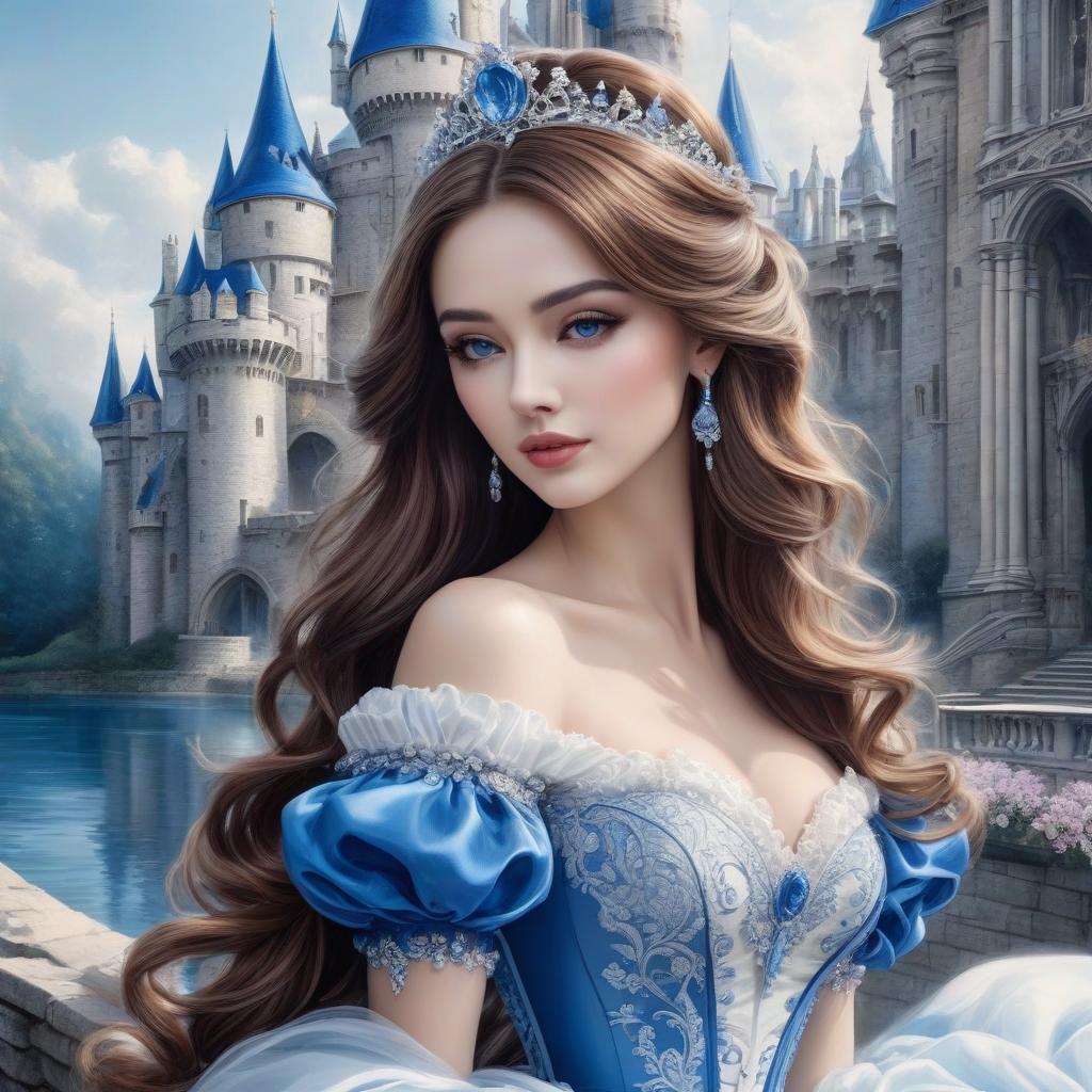  Detailed elaboration, detailed drawing, detailed elaboration of all parts of the composition. Very beautiful blue and white castle in the Gothic style. The castle is on an elevation, with water around the elevation. There is a girl in a white very beautiful ball gown. She has brown hair, beautiful hairstyle on top of her hair, most of her hair is loose. The girl is standing in an embrace with a man, he has black hair, blue suit. Mountains with snow covered peaks can be seen from behind.Field, hyacinths, roses, rosehips, rose hips, peonies, cherry tree, yellow, red, black flowers, forget me nots, black flowers. Baroque, realism. Alfonso Mucha, Honoré Fargonard. hyperrealistic, full body, detailed clothing, highly detailed, cinematic lighting, stunningly beautiful, intricate, sharp focus, f/1. 8, 85mm, (centered image composition), (professionally color graded), ((bright soft diffused light)), volumetric fog, trending on instagram, trending on tumblr, HDR 4K, 8K