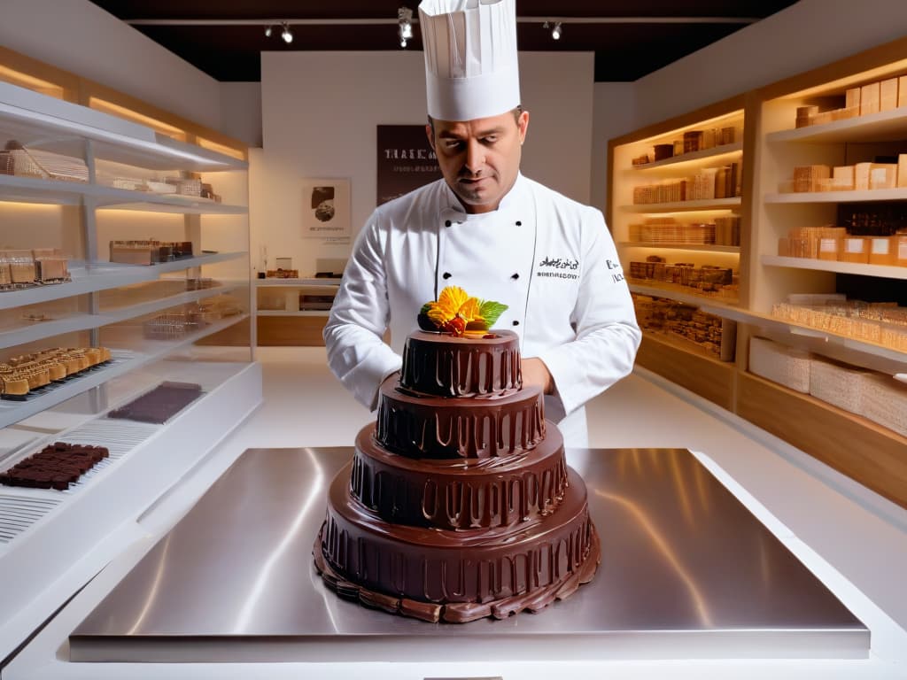  A highresolution, ultradetailed image of Amaury Guichon meticulously crafting a stunning chocolate sculpture in his elegant chocolaterie studio. The scene captures Guichon dressed in a crisp white chef's uniform, focused intently on his artistry, surrounded by shelves of premium chocolate ingredients and specialized tools. The soft glow of ambient lighting highlights the intricate details of the sculpture, showcasing the maestro chocolatero's skill and dedication to his craft. hyperrealistic, full body, detailed clothing, highly detailed, cinematic lighting, stunningly beautiful, intricate, sharp focus, f/1. 8, 85mm, (centered image composition), (professionally color graded), ((bright soft diffused light)), volumetric fog, trending on instagram, trending on tumblr, HDR 4K, 8K