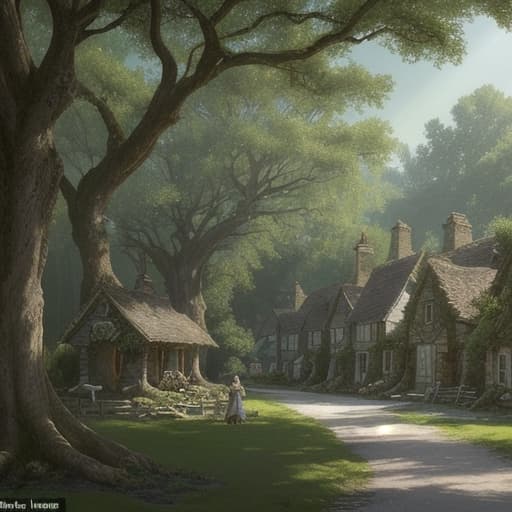 80's fantasy art, A charming and peaceful village square in Willowdale, nestled in the Greenfields. The scene is lit by morning sunlight filtering through ancient oak trees, casting dappled shadows on the cobblestone paths. Villagers go about their daily routines, some chatting, others attending to stalls, but an underlying sense of unease is present. In the background, the edge of the Old Grove is visible, where shadows appear unnaturally long and mysterious. The overall atmosphere is one of tranquility tinged with subtle tension.