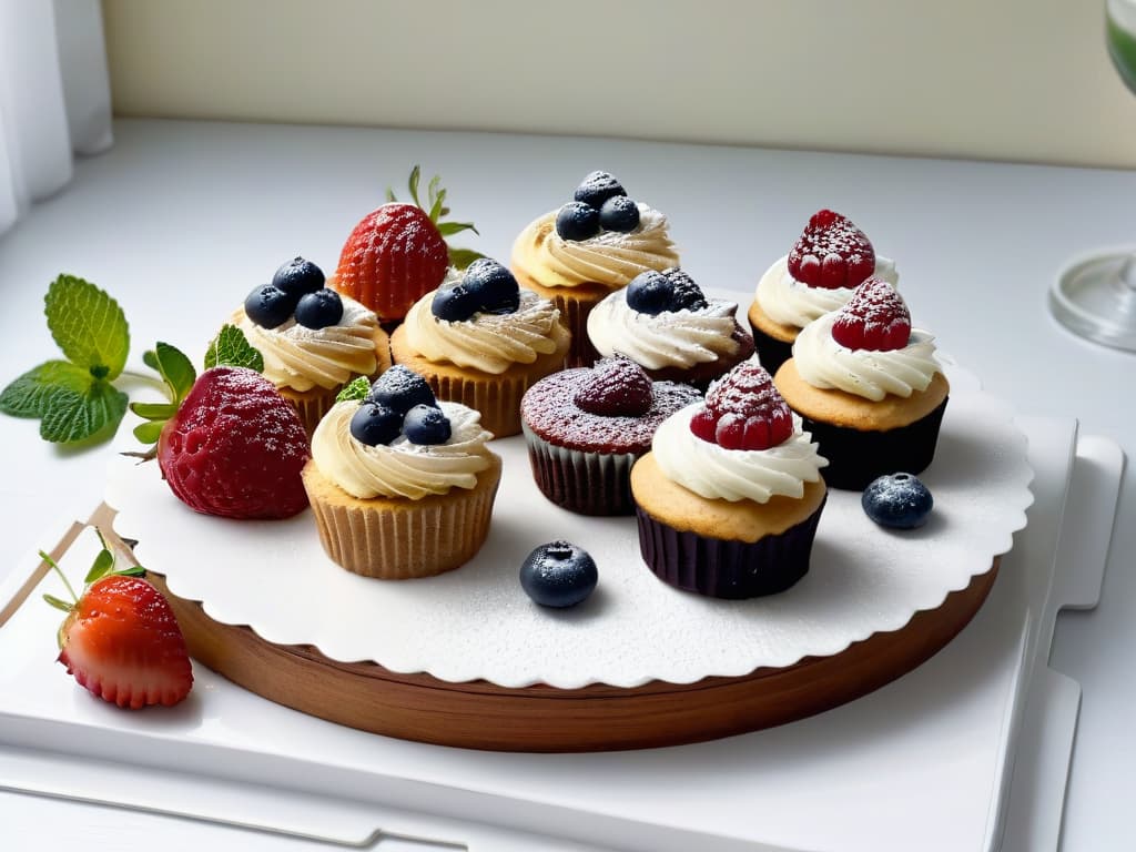  An ultradetailed, 8k image of a beautifully arranged assortment of guiltfree, diabeticfriendly pastries on a sleek, modern white platter. The pastries include sugarfree cupcakes topped with fresh berries, delicate almond flour cookies, and mini chia seed muffins dusted with a light sprinkle of powdered erythritol. The pastries are artfully garnished with mint leaves and edible flowers, exuding an aura of elegance and healthconscious indulgence. hyperrealistic, full body, detailed clothing, highly detailed, cinematic lighting, stunningly beautiful, intricate, sharp focus, f/1. 8, 85mm, (centered image composition), (professionally color graded), ((bright soft diffused light)), volumetric fog, trending on instagram, trending on tumblr, HDR 4K, 8K