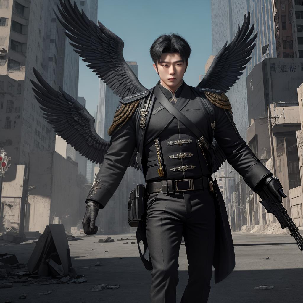  masterpiece, best quality, A men angel with black wings, holding a gun, has a good figure, and looks like a Chinese male star. ,The background is a deserted city. The sky is light. ((4k)), ((8k)).