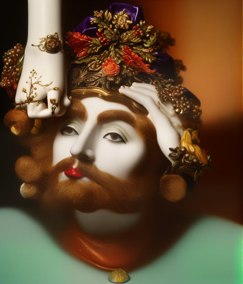  PHOTOGRAPH of a bright, Colorful and Shiny (((Meissen Porcelain HOLOFERNES))) with a (((GLITTERY HAT))), TWO HANDS, FINGERS (((sculptural Porcelain hair))) looking at the viewer, on a black background, Stunning Masterpiece, Wide angle, 3:2 aspect radio, with perfect expression and facial structure, LARGE EYES, in the style of FRAGONARD, ultra sharp focus, 8k, big dark eyes, closed mouth, (((45 degree light))),  hyperrealistic, full body, detailed clothing, highly detailed, cinematic lighting, stunningly beautiful, intricate, sharp focus, f/1. 8, 85mm, (centered image composition), (professionally color graded), ((bright soft diffused light)), volumetric fog, trending on instagram, trending on tumblr, HDR 4K, 8K