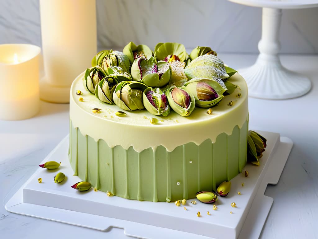  A closeup, ultradetailed image of a decadent pistachio rosewater cake topped with a delicate arrangement of Iranian pistachios and edible gold leaf, set against a sleek, white marble backdrop. The cake is exquisitely decorated with intricate swirls of pistachio cream and garnished with fresh rose petals for a touch of elegance and sophistication. The vibrant green hues of the pistachios pop against the soft pastel tones of the cake, creating a visually stunning and mouthwatering masterpiece that embodies the essence of Iranian pistachios in creative pastrymaking. hyperrealistic, full body, detailed clothing, highly detailed, cinematic lighting, stunningly beautiful, intricate, sharp focus, f/1. 8, 85mm, (centered image composition), (professionally color graded), ((bright soft diffused light)), volumetric fog, trending on instagram, trending on tumblr, HDR 4K, 8K