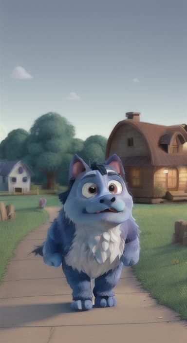  {Max walking back towards the cozy little house with droopy eyes, as twilight falls, The big blue dog is large with sky blue fur, big round eyes, a black nose, and floppy ears.