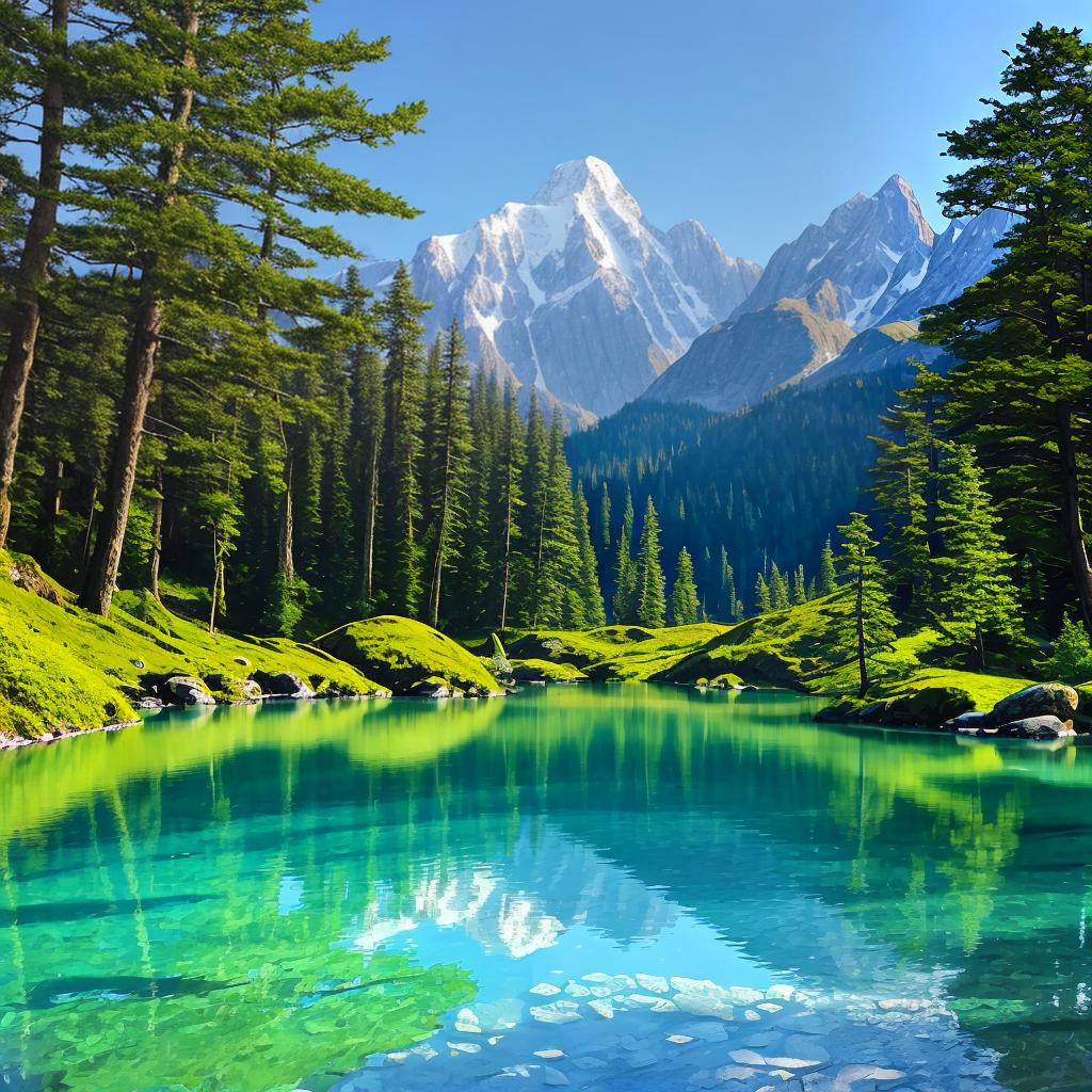  as a painting, Convey the serene majesty of towering mountains reflected in the crystal-clear waters of a tranquil alpine lake, using your unique artistic vision to evoke a sense of awe and tranquility.