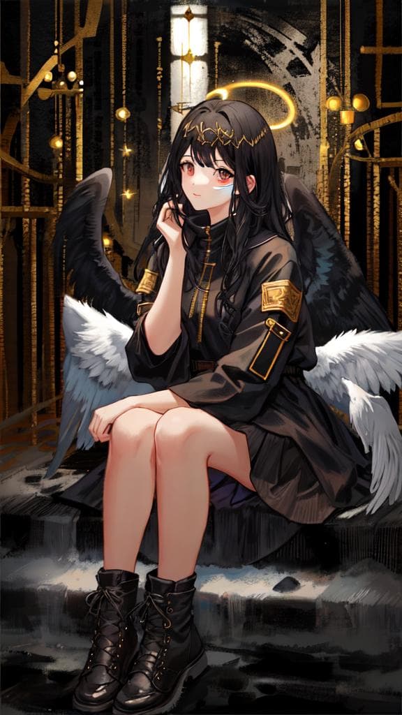 (****), 1girl, black hair, angel of death, innocent, brown eyes, diadem, angel wings, black clothes, full body, arms behind back, sky, halo, post apocalypse,