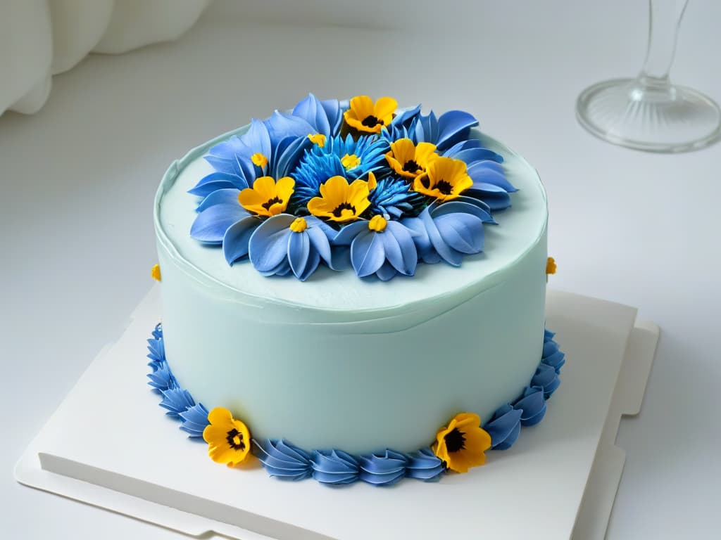  A minimalist image of a intricately designed glutenfree cake, decorated with colorful edible flowers and delicate frosting details, set against a clean white background to emphasize the elegant and modern aesthetic of glutenfree pastry art. hyperrealistic, full body, detailed clothing, highly detailed, cinematic lighting, stunningly beautiful, intricate, sharp focus, f/1. 8, 85mm, (centered image composition), (professionally color graded), ((bright soft diffused light)), volumetric fog, trending on instagram, trending on tumblr, HDR 4K, 8K