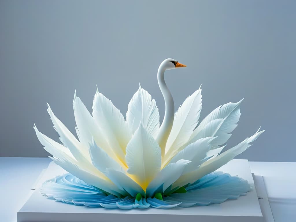  A minimalist image featuring a stunning sugar sculpture of a delicate swan, intricately lit from within to create a mesmerizing glow that highlights the intricate details of the translucent sugar art. The soft illumination casts a warm, inviting light on the surrounding space, emphasizing the artistry and craftsmanship of the sugar sculptor. hyperrealistic, full body, detailed clothing, highly detailed, cinematic lighting, stunningly beautiful, intricate, sharp focus, f/1. 8, 85mm, (centered image composition), (professionally color graded), ((bright soft diffused light)), volumetric fog, trending on instagram, trending on tumblr, HDR 4K, 8K