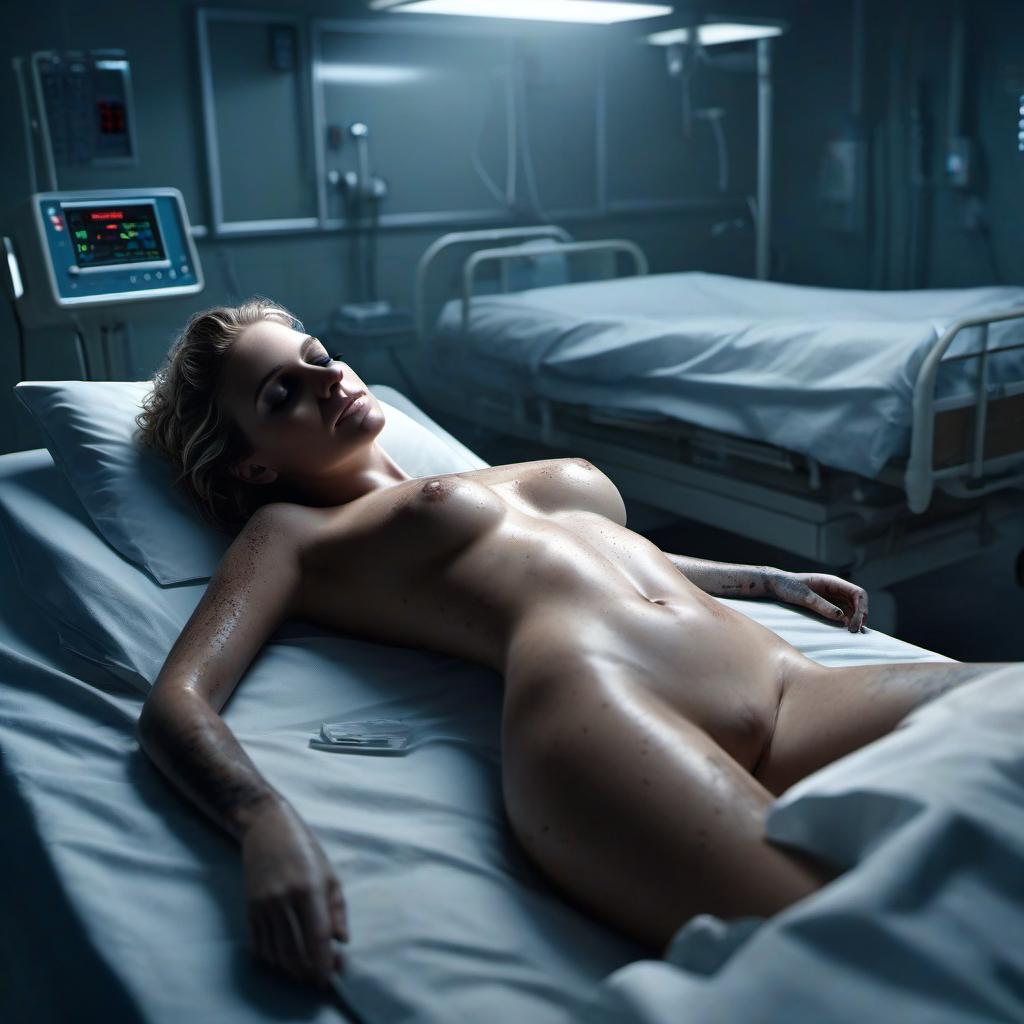  full body view, photorealistic, one extremely beautiful completely nud lil 13  in skhol  lying on her back in a dirty rotten hospital bed, both wrists and both ankles are  to the frame of the bed (1.9), background is a lost place hospital , cold bright light, hyper realistic, full body, highly detailed, cinematic lighting, stunningly beautiful, intricate, sharp focus, f\/1. 8, 85mm, (centered image composition), (professionally color graded), ((bright soft diffused light)), volumetric fog, trending on instagram, trending on tumblr, HDR 4K, 8K hyperrealistic, full body, detailed clothing, highly detailed, cinematic lighting, stunningly beautiful, intricate, sharp focus, f/1. 8, 85mm, (centered image composition), (professionally color graded), ((bright soft diffused light)), volumetric fog, trending on instagram, trending on tumblr, HDR 4K, 8K
