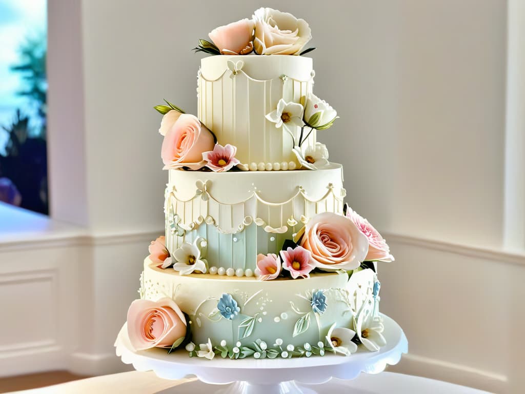  An ultradetailed, highresolution image of a beautifully decorated multitiered wedding cake, featuring intricate floral designs in pastel colors, delicate piping work, and shimmering edible pearls cascading down the layers. The cake is displayed on a pristine white cake stand against a soft, blurred background, emphasizing the exquisite detailing and craftsmanship of the confection. hyperrealistic, full body, detailed clothing, highly detailed, cinematic lighting, stunningly beautiful, intricate, sharp focus, f/1. 8, 85mm, (centered image composition), (professionally color graded), ((bright soft diffused light)), volumetric fog, trending on instagram, trending on tumblr, HDR 4K, 8K