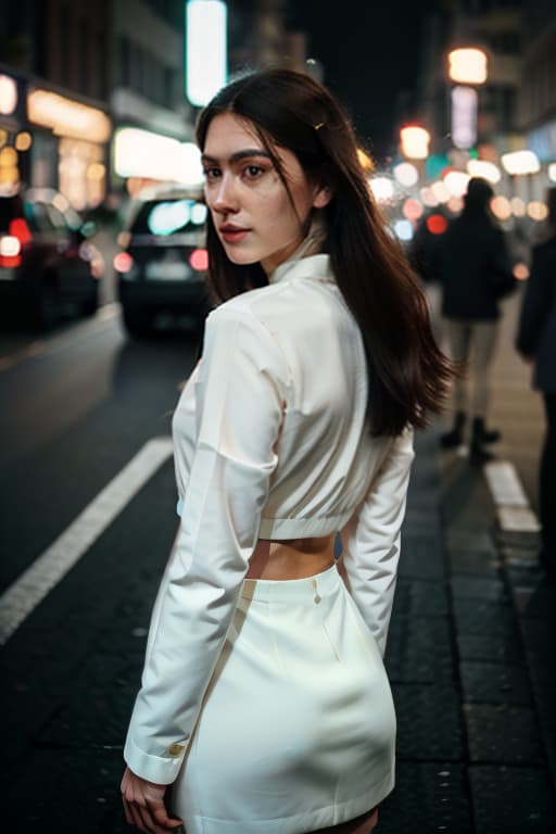  polaroid photo, night photo, photo of 24 y.o beautiful woman, pale skin, bokeh, motion blur, female from rear hyperrealistic, full body, detailed clothing, highly detailed, cinematic lighting, stunningly beautiful, intricate, sharp focus, f/1. 8, 85mm, (centered image composition), (professionally color graded), ((bright soft diffused light)), volumetric fog, trending on instagram, trending on tumblr, HDR 4K, 8K