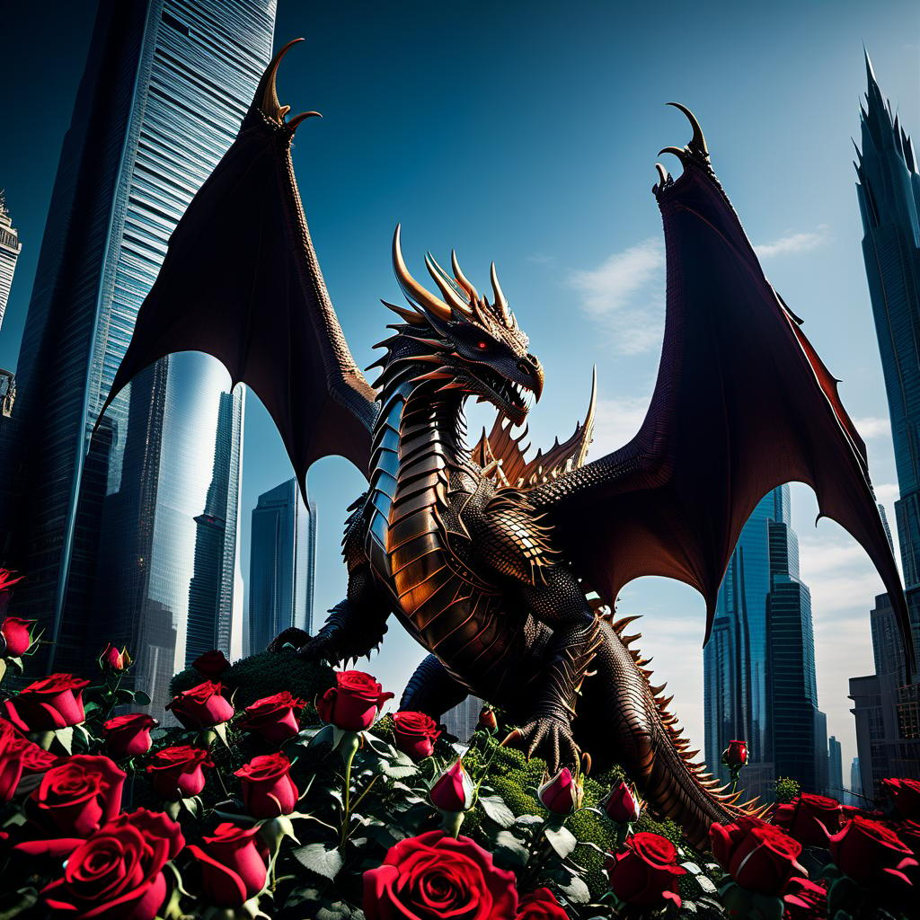  metropolis themed This dragon may look scary, but he has a good heart. Accompanied by a devoted phoenix, roses bloom wherever he is. . urban, cityscape, skyscrapers, modern, futuristic, highly detailed hyperrealistic, full body, detailed clothing, highly detailed, cinematic lighting, stunningly beautiful, intricate, sharp focus, f/1. 8, 85mm, (centered image composition), (professionally color graded), ((bright soft diffused light)), volumetric fog, trending on instagram, trending on tumblr, HDR 4K, 8K