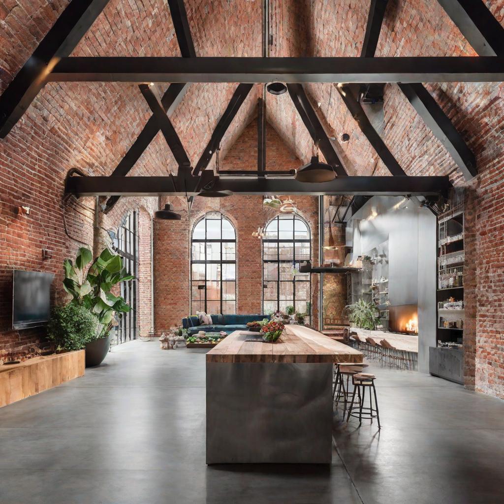   Picture a loft space featuring exposed brick walls, polished concrete floors, and metal framed furniture for an urban vibe. 8k, cinematic lighting, HDR