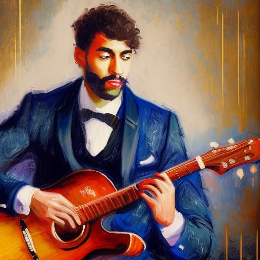  Impressionist style portrait of a musician in formal attire with a close-up view.