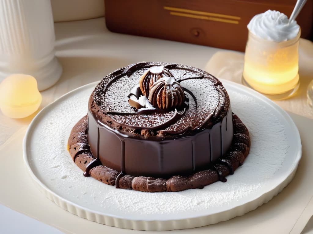  A closeup, photorealistic image of a decadent chocolate lava cake being sliced open, revealing a molten, gooey center oozing out onto a pristine white plate. The rich, glossy chocolate contrasts beautifully with the delicate dusting of powdered sugar on top, while a scoop of velvety vanilla ice cream melts slightly beside it, creating a visually stunning and mouthwatering dessert tableau. Each detail is meticulously rendered, from the intricate swirls of the chocolate sauce to the glistening texture of the cake's crust, inviting the viewer to almost taste the indulgent treat through the screen. hyperrealistic, full body, detailed clothing, highly detailed, cinematic lighting, stunningly beautiful, intricate, sharp focus, f/1. 8, 85mm, (centered image composition), (professionally color graded), ((bright soft diffused light)), volumetric fog, trending on instagram, trending on tumblr, HDR 4K, 8K