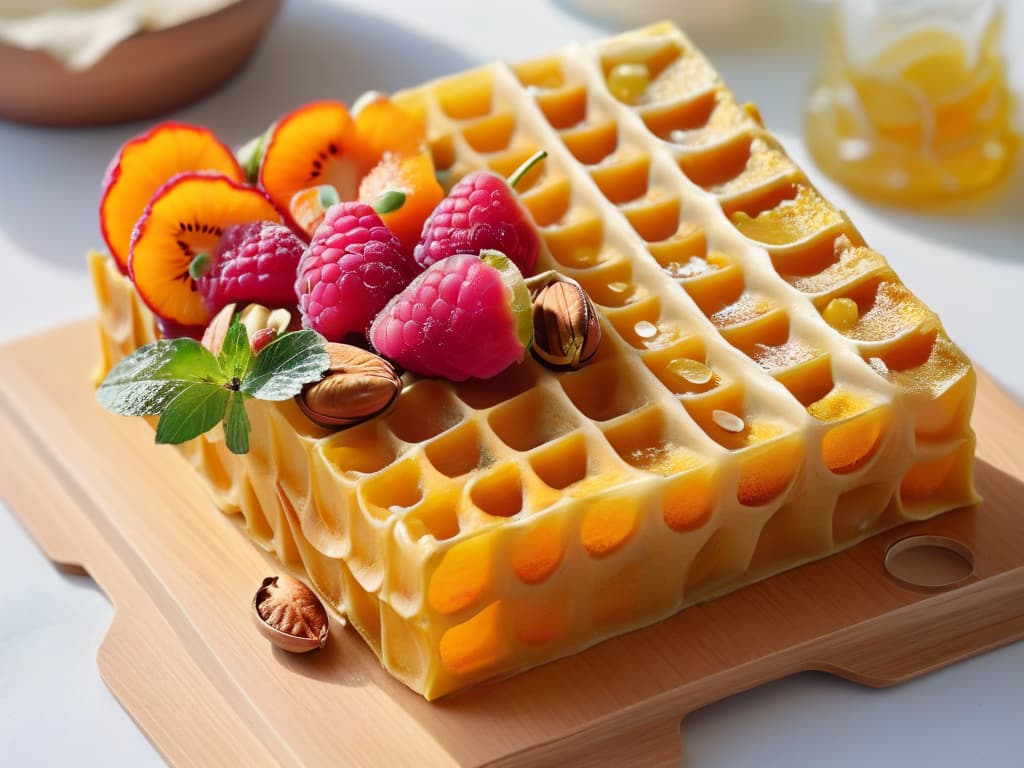  A minimalistic yet striking image of a delicate, intricately designed honeycomb made entirely of colorful, sustainable ingredients like vibrant fruits, nuts, and seeds, symbolizing the harmony between sustainable baking practices and biodiversity preservation. The honeycomb is set against a soft, blurred background to emphasize its detailed beauty and the article's theme of sustainable pastry making. hyperrealistic, full body, detailed clothing, highly detailed, cinematic lighting, stunningly beautiful, intricate, sharp focus, f/1. 8, 85mm, (centered image composition), (professionally color graded), ((bright soft diffused light)), volumetric fog, trending on instagram, trending on tumblr, HDR 4K, 8K