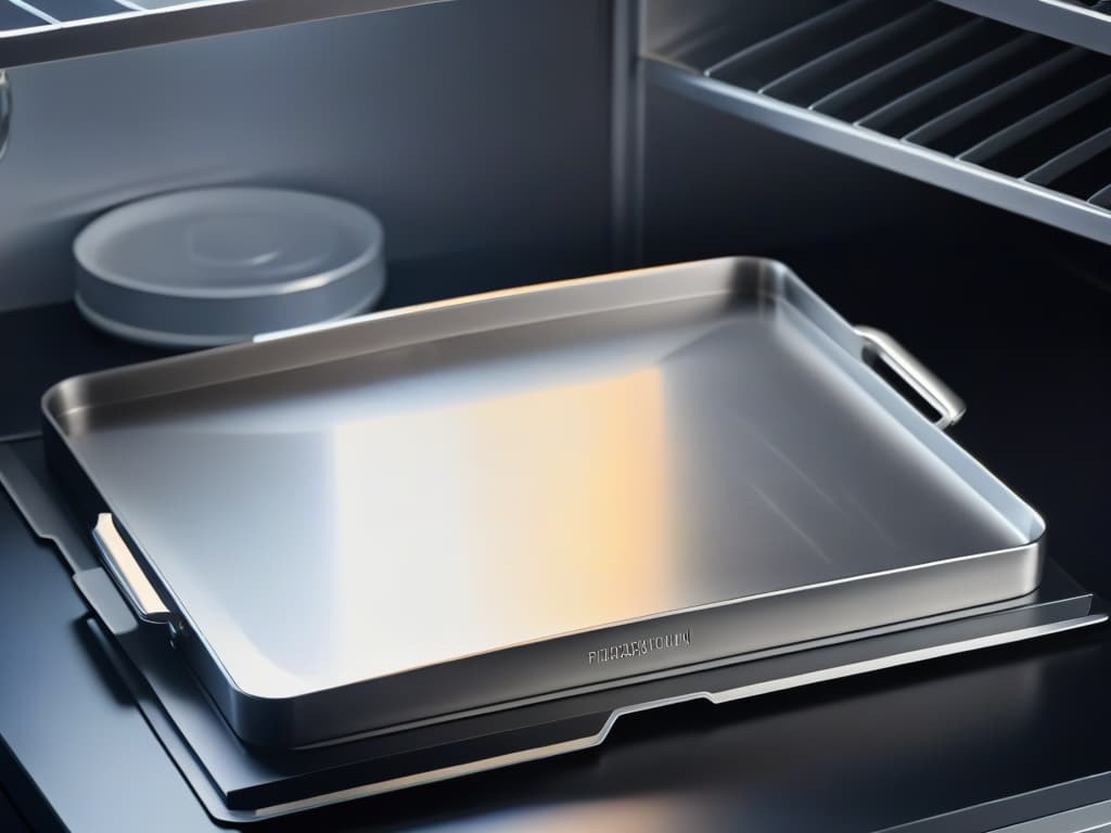  An ultradetailed image of a pristine, sleek stainless steel baking tray, reflecting the soft glow of warm ambient light. The tray is perfectly clean, showing not a single fingerprint or smudge, with its flawless surface capturing the essence of modernity and precision. The minimalistic design highlights the tray's impeccable craftsmanship and conveys a sense of professional elegance, making it a visually compelling choice for the article's header. hyperrealistic, full body, detailed clothing, highly detailed, cinematic lighting, stunningly beautiful, intricate, sharp focus, f/1. 8, 85mm, (centered image composition), (professionally color graded), ((bright soft diffused light)), volumetric fog, trending on instagram, trending on tumblr, HDR 4K, 8K