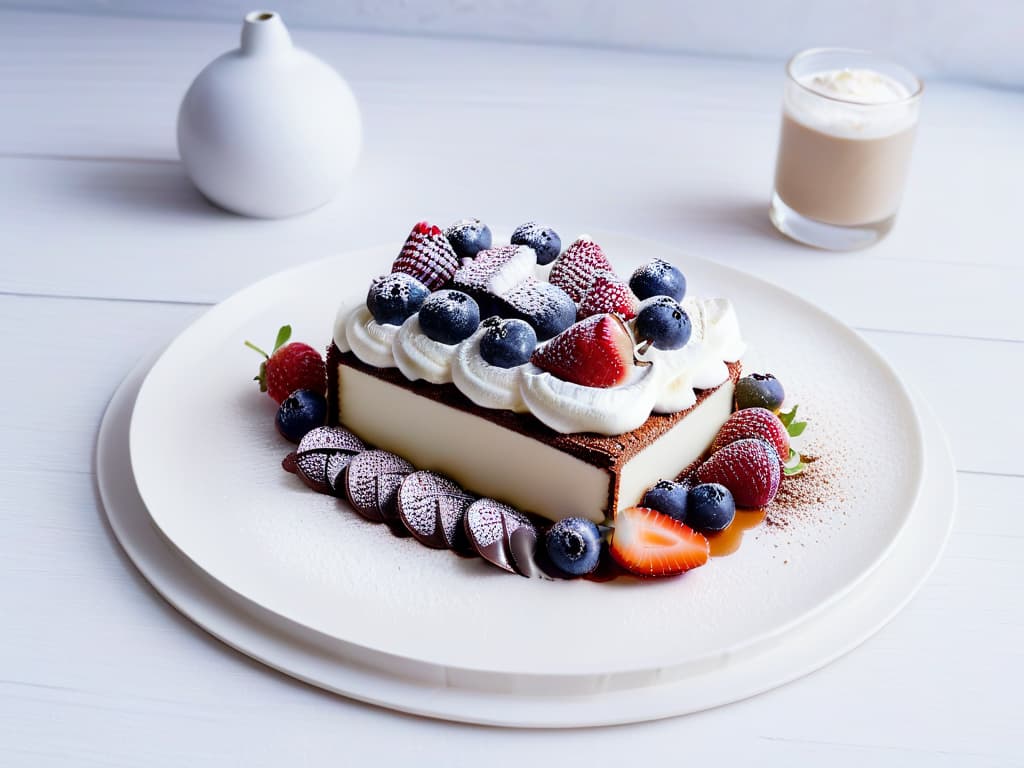  An elegant, minimalistic image of a perfectly balanced dessert plate, showcasing a decadent slice of cake adorned with fresh berries, a dollop of whipped cream, and a sprinkle of cocoa powder. The dessert is artfully presented on a sleek, white porcelain plate, set against a soft, neutral backdrop to emphasize the harmonious blend of macronutrients in a visually appealing manner. hyperrealistic, full body, detailed clothing, highly detailed, cinematic lighting, stunningly beautiful, intricate, sharp focus, f/1. 8, 85mm, (centered image composition), (professionally color graded), ((bright soft diffused light)), volumetric fog, trending on instagram, trending on tumblr, HDR 4K, 8K