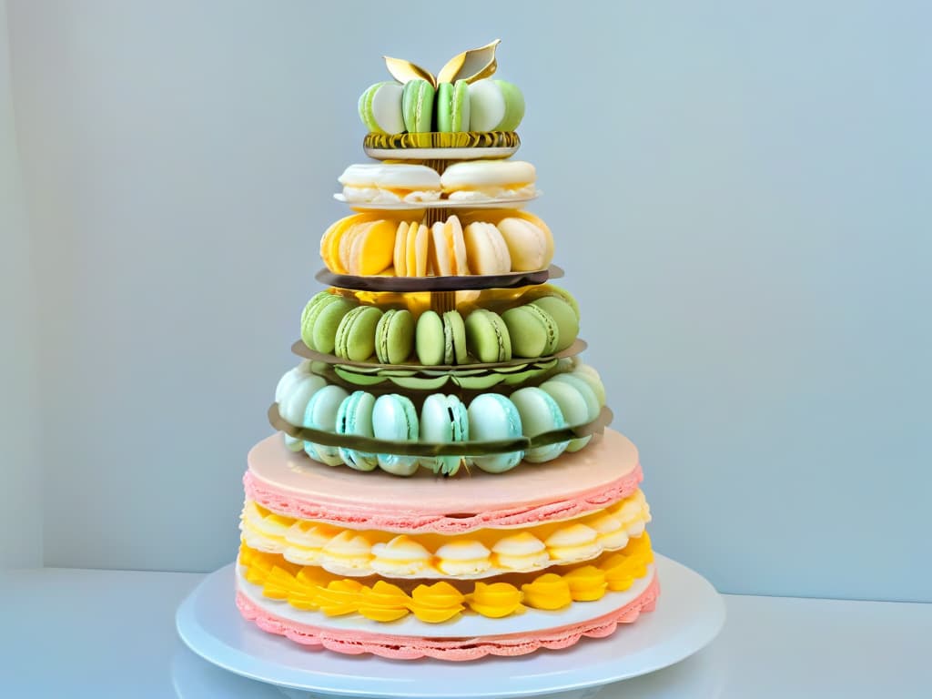  A closeup, ultradetailed image of a delicate macaron tower with a variety of pastel colors and intricate designs, set against a simple, elegant white background. Each macaron is perfectly shaped and decorated, showcasing the artistry and skill involved in international pastry making. hyperrealistic, full body, detailed clothing, highly detailed, cinematic lighting, stunningly beautiful, intricate, sharp focus, f/1. 8, 85mm, (centered image composition), (professionally color graded), ((bright soft diffused light)), volumetric fog, trending on instagram, trending on tumblr, HDR 4K, 8K