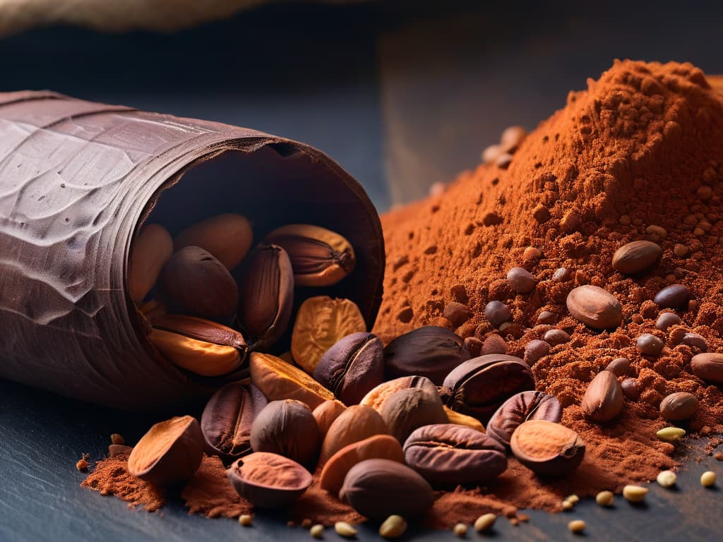  A closeup, ultradetailed image of a single cacao bean split in half, showcasing the intricate inner textures, colors, and patterns of the bean. The lighting is soft, highlighting the richness of the bean's natural hues and the fine details of its structure. This minimalistic yet highly detailed image captures the essence of authentic cacao varieties, inviting the viewer to explore the unique flavors and characteristics of different cacao beans. hyperrealistic, full body, detailed clothing, highly detailed, cinematic lighting, stunningly beautiful, intricate, sharp focus, f/1. 8, 85mm, (centered image composition), (professionally color graded), ((bright soft diffused light)), volumetric fog, trending on instagram, trending on tumblr, HDR 4K, 8K