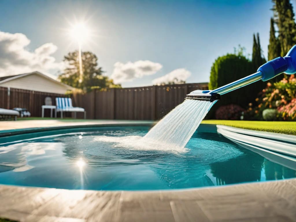  realistic photography of a glistening in-ground swimming pool, in a beauitful backyard, being cleaned with a pool skimmer