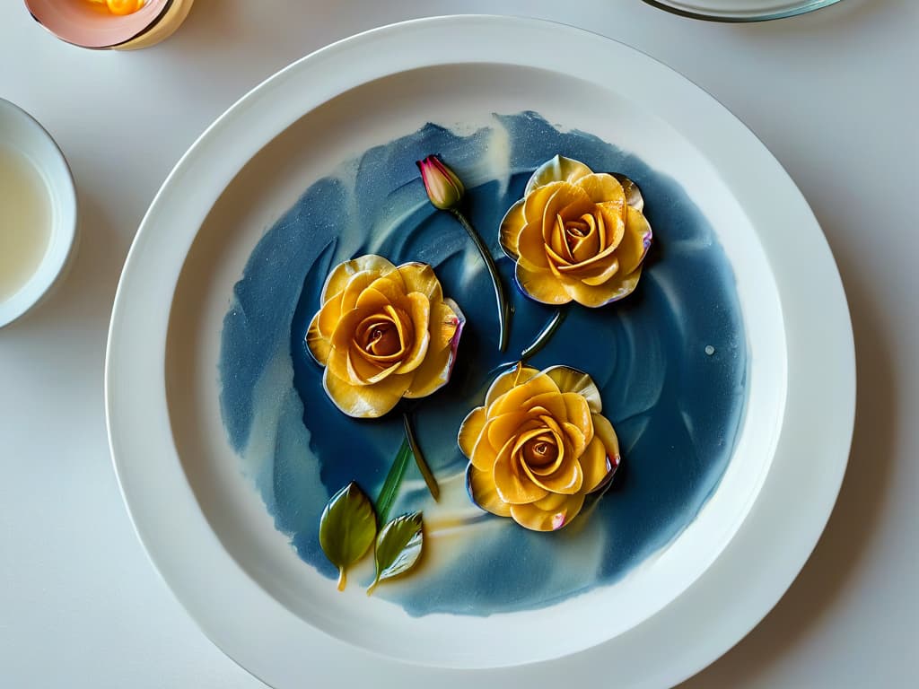  A closeup, ultradetailed photograph of a delicate rose petalinfused crème brûlée resting on a dainty porcelain plate, with a subtle brushstroke of caramelized sugar on top, capturing the essence of Monet's Water Lilies with its soft pastel colors and artistic presentation. hyperrealistic, full body, detailed clothing, highly detailed, cinematic lighting, stunningly beautiful, intricate, sharp focus, f/1. 8, 85mm, (centered image composition), (professionally color graded), ((bright soft diffused light)), volumetric fog, trending on instagram, trending on tumblr, HDR 4K, 8K