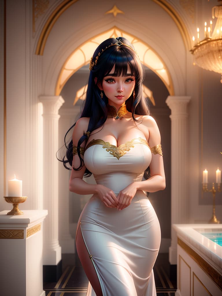  An cute and anime wearing blue china dress, black mid length hair with bangs, bare shoulders, bare arms, exudes feminine charm, greeny eyes with attractive lashes, full subtle mauve lipstick, large s covered by curved fit dress, blush, expression on face Background:luxurious room in a grand palace, oval freestanding tub with gold accents, marble floors with reflections, tall arched windows, stargazing view through a gl ceiling, warm ambient lighting, scattered rose petals, ornate pillars and arches, high end spa atmosphere, candles casting soft glow, fluffy white towels, elegant floral arrangements in vases, tranquil and serene mood, indoor poolside cherry blossoms. hyperrealistic, full body, detailed clothing, highly detailed, cinematic lighting, stunningly beautiful, intricate, sharp focus, f/1. 8, 85mm, (centered image composition), (professionally color graded), ((bright soft diffused light)), volumetric fog, trending on instagram, trending on tumblr, HDR 4K, 8K