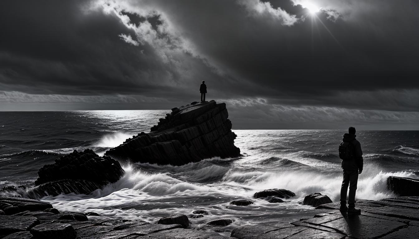  cinematic, aesthetic, A lone figure, sketched in grayscale, standing on a rocky shore with back turned to the turbulent sea, hands in pockets, wind blowing through hair, yearning for peace, solitude in struggle, 4k, HDR, lens flare