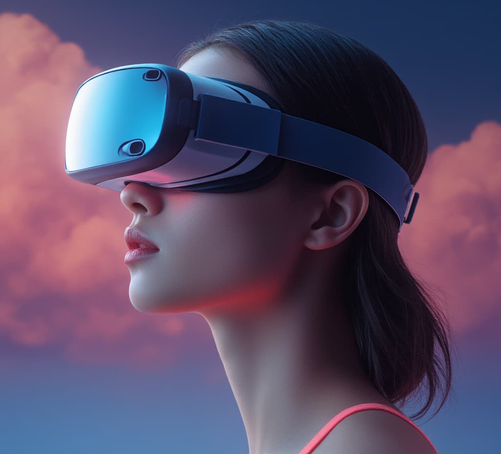  detail, photo, cinscene, dreamwalking young woman wearing virtual reality goggles. future technology and entertainment concept