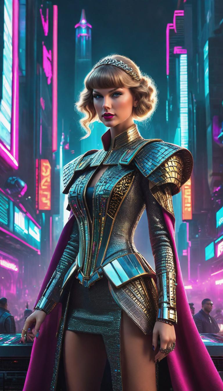  Cyberpunk style depiction of Taylor Swift as a queen. The scene is set in a world where technology has advanced, but society and human conditions have not, creating a gritty, dystopian atmosphere. hyperrealistic, full body, detailed clothing, highly detailed, cinematic lighting, stunningly beautiful, intricate, sharp focus, f/1. 8, 85mm, (centered image composition), (professionally color graded), ((bright soft diffused light)), volumetric fog, trending on instagram, trending on tumblr, HDR 4K, 8K