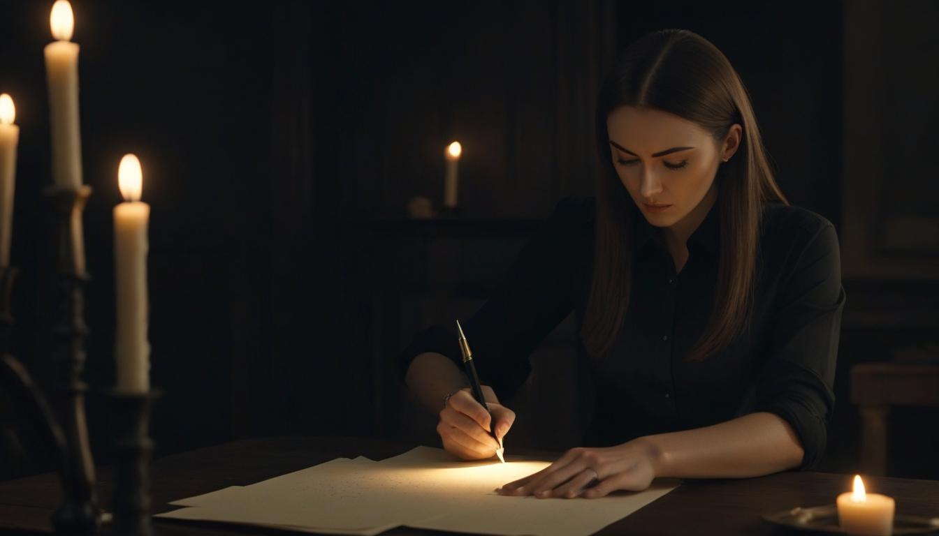  A girl with a long crooked knife in a black shirt is writing dots on a piece of paper at the candles. hyperrealistic, full body, detailed clothing, highly detailed, cinematic lighting, stunningly beautiful, intricate, sharp focus, f/1. 8, 85mm, (centered image composition), (professionally color graded), ((bright soft diffused light)), volumetric fog, trending on instagram, trending on tumblr, HDR 4K, 8K