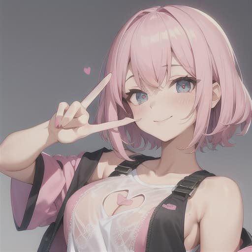  flirty girl, hair, short, shirt undone showing her lacy pink, hand doing a peace sign